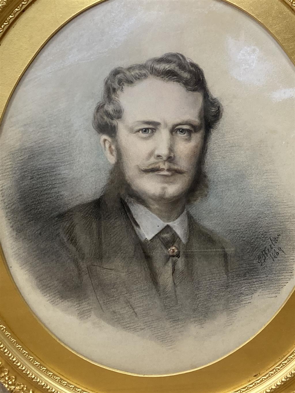Three Victorian chalk portraits in gilt frames, with rosewood outer frames, signed, dated 1869/70